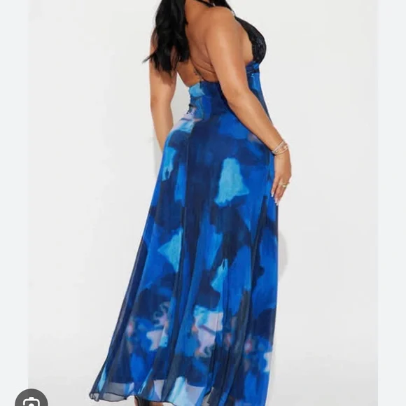 Blue Halter Lace-Trim Maxi Dress with High Slit - Picture 3 of 4